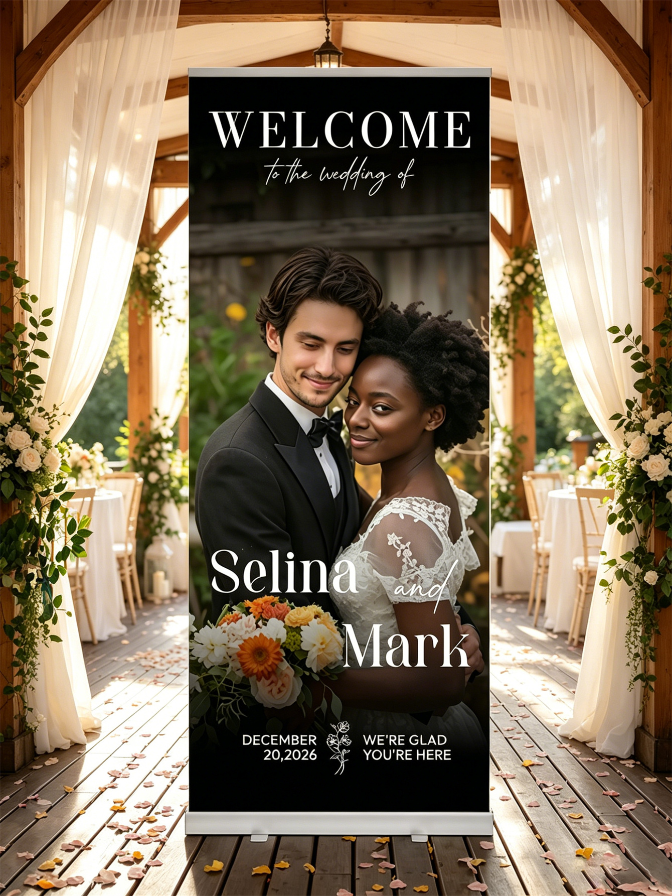 Customized wedding retractable banners - personalized photo wedding welcome signs, reception decorations and background curtains